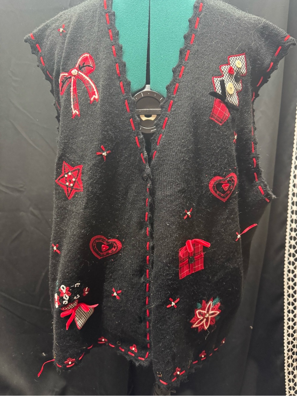Koret Black Sweater Vest with Red Embroidered Holiday Motifs